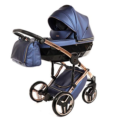 Sistema de viaje 3 en 1, silla de paseo, carrito con capazo y silla de coche y accesorios Junama Diamond Fluo (01 Kupfer-Fluo Blau, 2IN1)