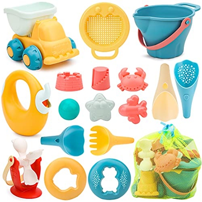 Sanlebi 17 Piezas Juguetes de Playa para Niños, Juegos Playa con Cubo Playa Palas Rastrillo Moldes de Arena, Niños Material Plastico Juguetes Arena