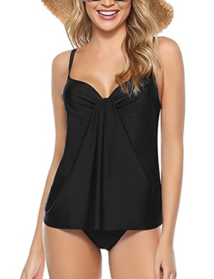 Akalnny Tankinis Traje de Baño de Dos Piezas para Mujer Sexy Drapeado Tank Top + Bikini Briefs(Negro, XXL)