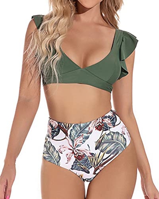 heekpek Conjunto de Bikini Traje de Baño Mujer Sexy Bañador Estampado de Flores Top con Volantes Braga Talle Alto para Dos Piezas Ropa de Playa Tallas