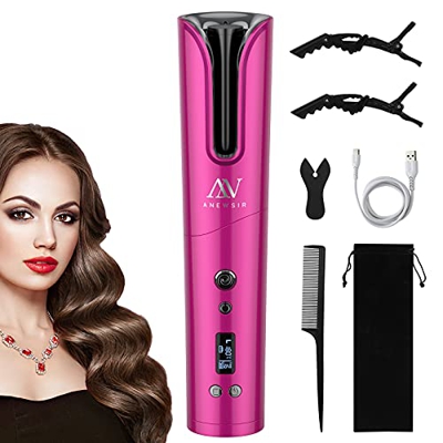 Rizador de pelo Automático Inalámbrico, ANEWSIR Pinzas Rizadoras Antiestático con Batería Recargable de 9600 mAh, 2 horas de uso Prolongado, Portátil 