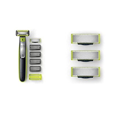 Philips Oneblade Cara + Cuerpo Qp2630/30 Recortador De Barba Recargable Con Peine-Guía Para El Cuerpo + Qp230/50 Cuchilla De Recambio Para Oneblade, 3