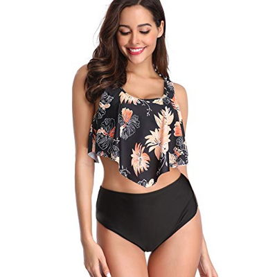 Traje de Baño Mujer Cintura Alta，Sujetador Acolchado Bikini Playa y Piscina (Negro, M)