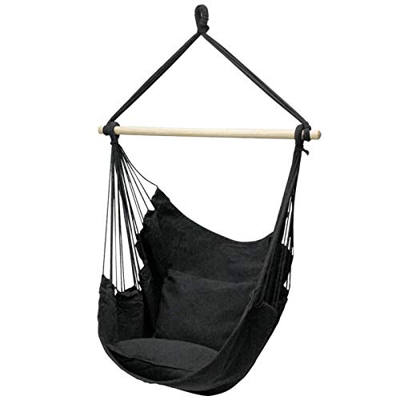 FLOX Silla colgante, columpio con 2 cojines y barra de apoyo de madera, espesado, cuerda de lona, silla de hamaca, asiento para interior y exterior