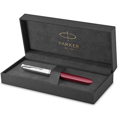 Parker 51 pluma estilográfica | cuerpo borgoña con adorno cromado | plumín fino con cartucho de tinta negra | estuche de regalo