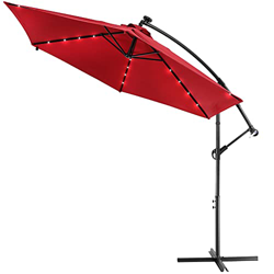 Sombrilla Ø300cm con 24 luces LED solares con manivela de Aluminio Rojo Parasol grande de jardín en oferta