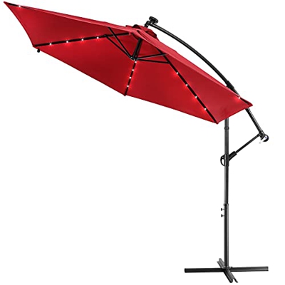 Sombrilla Ø300cm con 24 luces LED solares con manivela de Aluminio Rojo Parasol grande de jardín