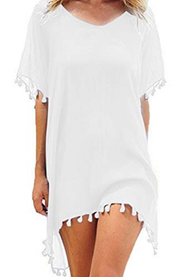 UMIPUBO Mujer Ropa de Baño Suelto Vestido de Playa Borla Verano Camisolas y Pareos Transparente Bikini Cover up (Blanco)
