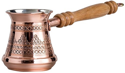 Cafetera árabe griego turco de cobre macizo para cafetera Cezve Ibrik Briki con mango de madera, grosor 1,5 mm (pequeño - 7 oz)