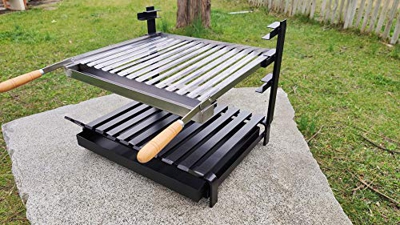Parrilla Argentina Inox con Recoge-grasas para Barbacoas de Obra y Suelo de Chimenea | Asador Portátil de 3 Alturas con Cajón Recoge-cenizas | Para Ca