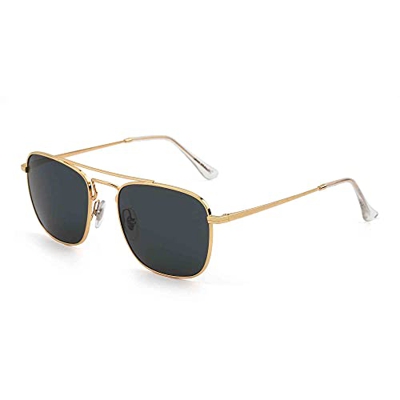 JIM HALO Gafas de Sol Retro Aviador Cuadradas Lente de Vidrio Plano Metal Anteojos Hombre Mujer(Dorado/Gris)