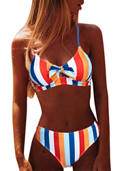 CheChury Mujer Sexy 2 Piezas Conjuntos de Bikini Push Up Trajes de Baño con Cuello Halter Rayas Colorido Conjuntos de Bikini Lazos Delantero Playero B características