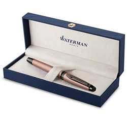 Pluma estilográfica Waterman Expert | Lacado en oro rosa metalizado con detalles en rutenio | Plumín fino de acero inoxidable revestido de PVD | Tinta características