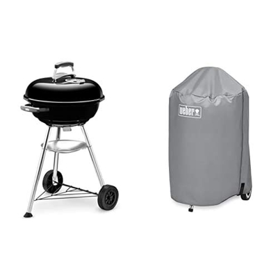 Weber 1221004 Barbacoa Compact Kettle 47 cm Negro + 7175 Funda para Barbacoa de carbon, 47 x 81.3 x 61 cm cm