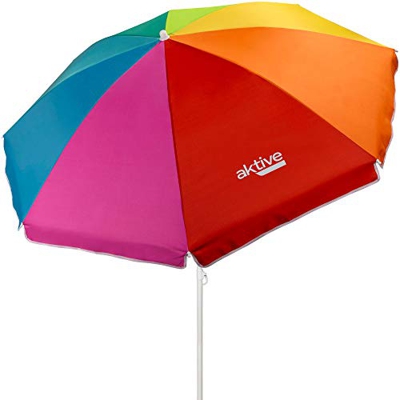 Aktive 62220 - Sombrilla de playa, con protección UV filtro 50, mástil diámetro 22-25 mm, incluye bolsa para transportarla, estampado multicolor, diám