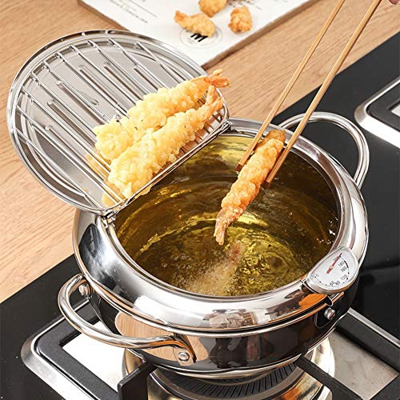 Mini sartén profunda con escurridor, pote Tempura de control de temperatura de la olla de la fritura