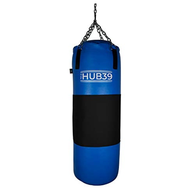 Hub39 Saco de boxeo con banda de cuero, saco de boxeo completo, 50 kg, largo 100 cm, color azul, banda negra
