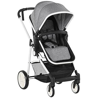 HOMCOM Cochecito de Bebé 2 en 1 Silla de Paseo y Capazo para Niños de 0-36 Meses con Capota Plegable Respaldo Reclinable Cesta Grande Palanca de Freno