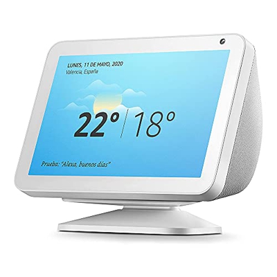 Echo Show 8 (1.ª generación, modelo de 2019), Tela de color gris claro + Soporte regulable, Blanco