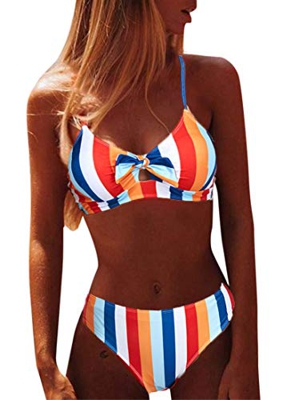 CheChury Mujer Sexy 2 Piezas Conjuntos de Bikini Push Up Trajes de Baño con Cuello Halter Rayas Colorido Conjuntos de Bikini Lazos Delantero Playero B
