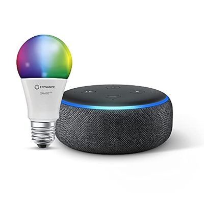 Echo Dot (3.ª generación), Tela de color antracita + Ledvance Bombilla Inteligente (E27), compatible con Alexa