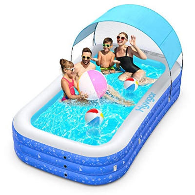 Hyvigor Piscina Inflable Rectangular con toldo, Piscina Hinchable Familiar 305 x 183 x 56cm con 2 Pelotas, 3 Cámara de Aire, Bolsa de Almacenamiento p