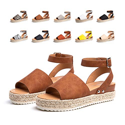 Sandalias Mujer Plataforma Verano Casual Sandalias Alpargatas Cuña Plateau Esparto Moda Playa 5.5CM 01 Marrón Talla 38