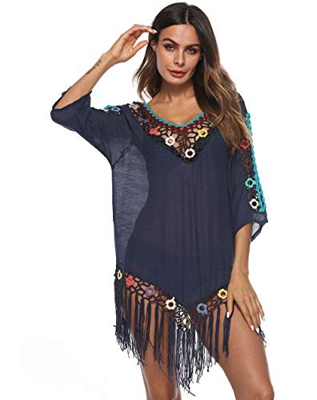 Traje de baño de Mujer Falda de Playa de Ganchillo Top Poncho de Punto Bikini Bikini de Camuflaje de Verano(Navy-p1851)