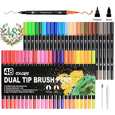 Rotuladores Lettering, Olkoy 48 Rotuladores Punta Pincel de Doble,Contiene 6 Accesorios e Instrucciones, Rotuladores Punta Fina para Bullet Journal, C