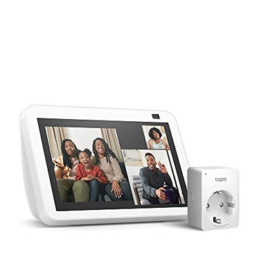 Nuevo Echo Show 8 (2.ª generación, modelo de 2021), Blanco + TP-Link Tapo P100 Smart Plug (enchufe inteligente WiFi), compatible con Alexa