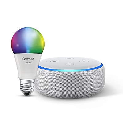 Echo Dot (3.ª generación), Tela de color gris claro + Ledvance Bombilla Inteligente (E27), compatible con Alexa