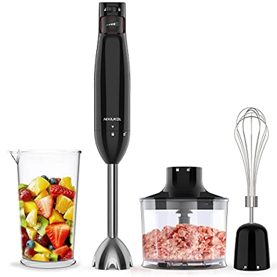 NIXIUKOL Batidora de Mano, Batidora de Varilla 1000 W 4 en 1, con Vaso Medidor, Picadora, Batidor Emulsionador, Cuchilla de Acero Inoxidable, Libre BP