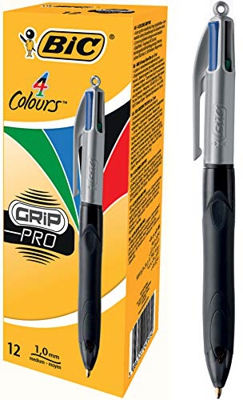 BIC 4 Colores Grip Pro - Bolígrafos retráctiles de punta media (1.0 mm), óptimo para profesionales, caja de 12 unidades, tinta negra, azul, roja y ver