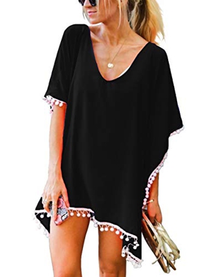 heekpek Vestido de Playa Mujer Ropa de Baño Suelto Camisolas y Pareos Bikini Cover up Verano Pompón Gasa Manto Protector Solar