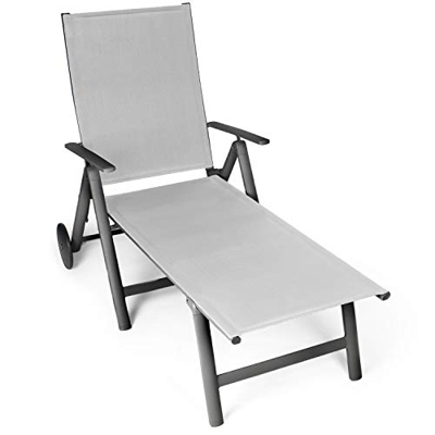 Vanage Tumbona de Jardín, Terraza y Balcon; Plegable en Aluminio en Gris o Negro; con o sin Acolchado, Reposera con 2 Ruedas