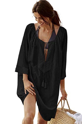 Yushon Girl Sexy Ropa de Playa para Mujer de Cordón Gasa Cuello en V Beach Bikini Cover Up Manga 3/4 Pareo con Borlas Talla Única Verano Camisolas Enc