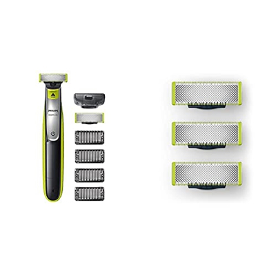 Philips Oneblade Qp2530/30 Recortador De Barba con 4 Peines De 1,2,3,4,5 Mm Longitudes + Qp230/50 Cuchilla De Recambio para Oneblade, 3 Cuchillas