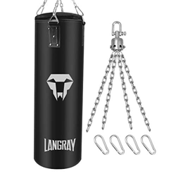 LangRay Saco de Boxeo de Piel, Sacos Pesados de Boxeo sin Relleno con Kit de Montaje Giratorio Saco de Boxeo para Colgar para Adolescentes y Adultos,8 características