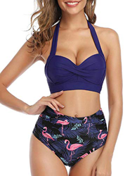 Tuopuda Mujer Retro Cintura Alta Conjunto de Bikini de Dos Piezas con Pliegues Halter Fruncido Push Up Arriba Trajes de baño Acolchados características