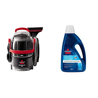 Bissell 1558N Limpiador a Mano para Manchas y alfombras, 750 W, 6.4 litros, 84 Decibelios, Plastic, Rojo/Negro + 1086N Limpieza para Alfombra, 1.5 Lit