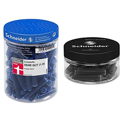 Schneider p006803 Bote de 100 cartuchos + cartucho de tinta estándar para pluma estilográfica, negro, 30 Bote redondo