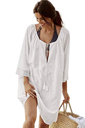Yushon Girl Sexy Ropa de Playa para Mujer de Cordón Gasa Cuello en V Beach Bikini Cover Up Manga 3/4 Pareo con Borlas Talla Única Verano Camisolas Enc en oferta