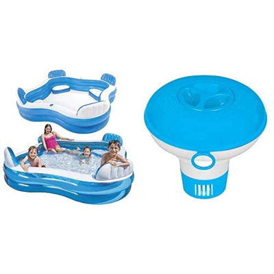 Intex 56475NP Piscina Hinchable Cuadrada con Asientos 229 x 66 cm 990 litros + 29040NP Dispensador químico para Piscinas y SPA diámetro 12,7 cm