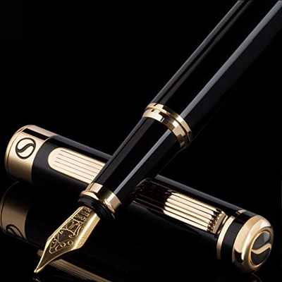 Scriveiner Pluma Estilográfica Negra con Detalles de Oro de 24k y 18K para una Caligrafía Suave y Elegante, Plumilla y Convertidor Instalado Schmidt, 
