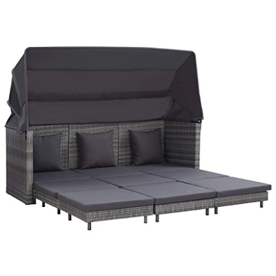 vidaXL Sofá Cama Extensible 3 Plazas con Plegable Capota Mueble Reclinable de Patio Terraza Tumbona Cerca de Piscina Ratán Sintético Gris