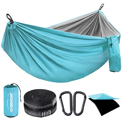 Overmont Hamaca Camping Viaje Dobles Capas Máx 400kg Capacidad de Carga Nylon Paracaídas|2 Mosquetones Premium|2 Correas de Nylon |Hamaca Interior Ext