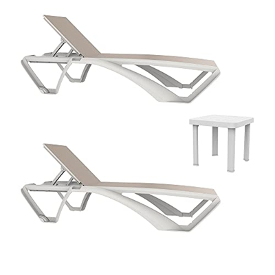 RESOL Marina Set 2 Tumbonas y 1 Mesa Auxiliar Andorra | Conjunto de Tumbonas con Ruedas Apilables | Muebles de Jardín Exterior | Estructura y Mesilla