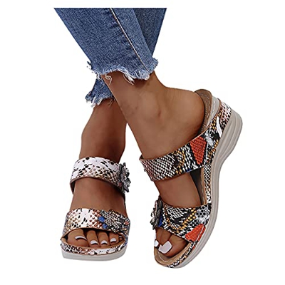 FeelFree+ Sandalia de Cuna para Mujer,Sandalias Mujer Plataforma,Zapatos Verano 2021 Mujer Cabeza Redonda Leopardo Estampado Serpiente Flores Comodos 