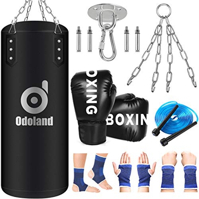 Odoland Saco de Boxeo, 60 CM Punching Bag Sin Relleno con Guantes de Boxeo Niños, Tobillera, Cuerda para Saltar y Soporte Pared Cadena Kit de Boxeo pa