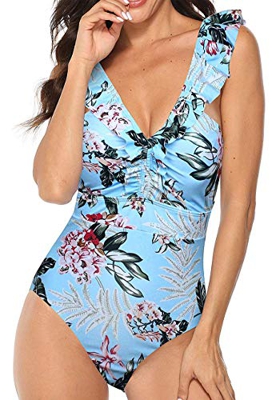 JFAN Mujer Traje de Baño Una Pieza Bikini Impresión de Rayas Volante Fruncido Ropa de Playa Bikini Sets